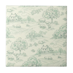 Pastoral Sage Green Toile Countryside Farm Scene 8 Tile