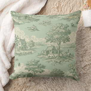 Pastoral Sage Green Toile Countryside Farm Scene Cushion