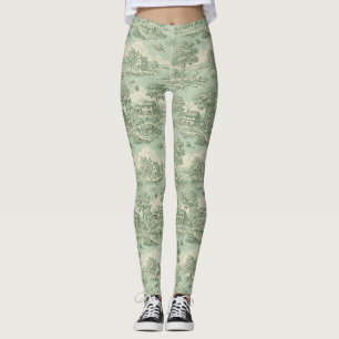 Pastoral Sage Green Toile Countryside Farm Scene Leggings