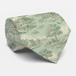 Pastoral Sage Green Toile Countryside Farm Scene Tie