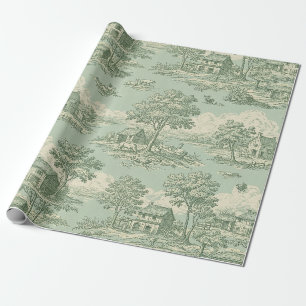 Pastoral Sage Green Toile Countryside Farm Scene Wrapping Paper