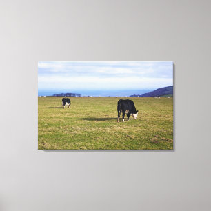 Pastoral scene of cows in field overlooking canvas print