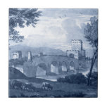 Pastoral Toile - Bridge Tile<br><div class="desc">Pastoral Toile III by Claude Lorrain. Features a bridge and pastures done in beautiful inky blue hues.</div>