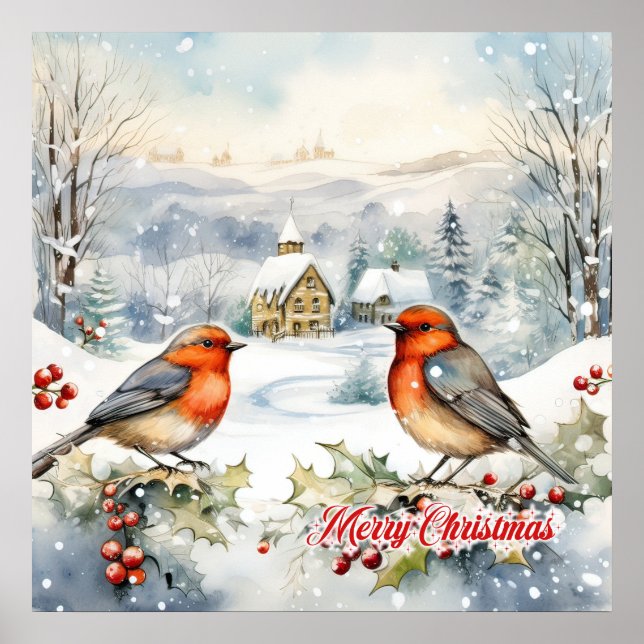 Pastoral watercolor Chrismtas scene two robins Poster (Front)