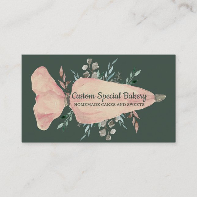 Pastry Bag sage green gold Rustic Logo Bakeries Business Card (Front)
