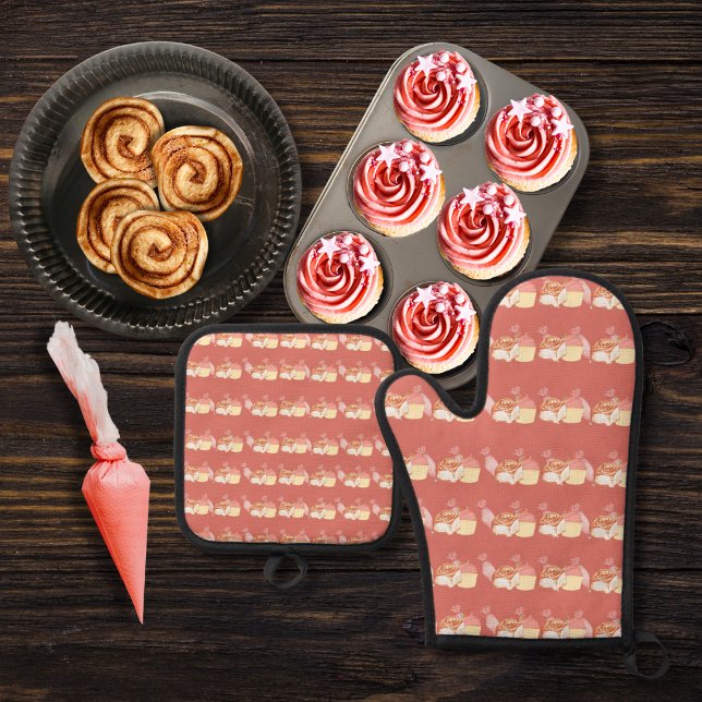 Pastry bags, cinnamon buns, and cupcakes pink oven mitt & pot holder set (Creator Uploaded)
