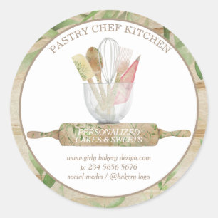 Pastry bakery home made tools rustic wooden classic round sticker