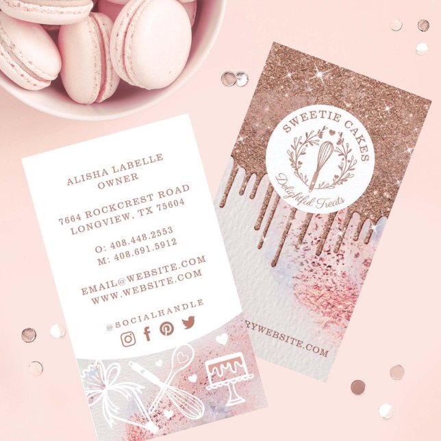 Pastry Bakery Whisk Glitter Rose Gold Pink Drips Business Card (Creator Uploaded)