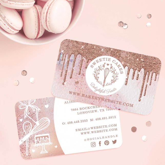 Pastry Bakery Whisk Glitter Rose Gold Pink Drips Business Card (Creator Uploaded)