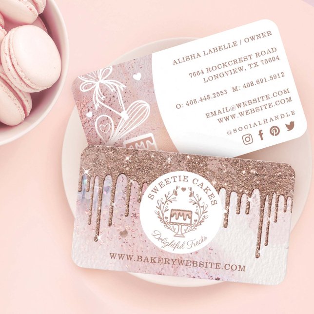 Pastry Cake Bakery Glitter Rose Gold Pink Drips Business Card (Creator Uploaded)