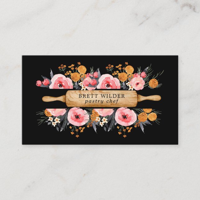 Pastry Chef Baker Rolling Pin Floral Black Business Card (Front)