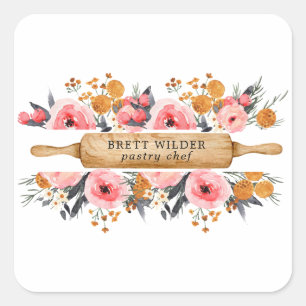 Pastry Chef Baker Rolling Pin Floral  Square Sticker