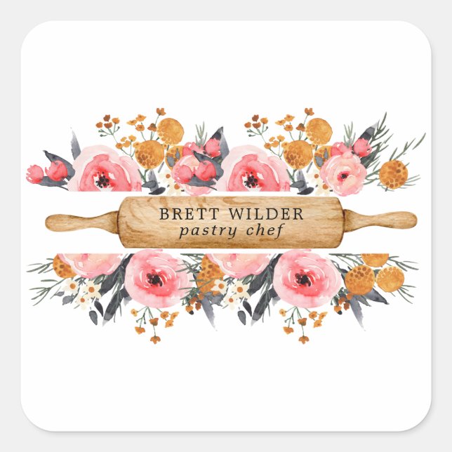 Pastry Chef Baker Rolling Pin Floral  Square Sticker (Front)