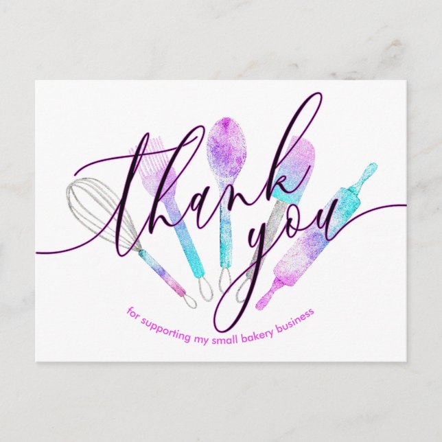 Pastry chef bakery utensils holographic thank you postcard (Front)