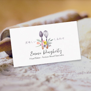 Pastry Chef Baking Utensil Floral Bouquet Rustic Business Card