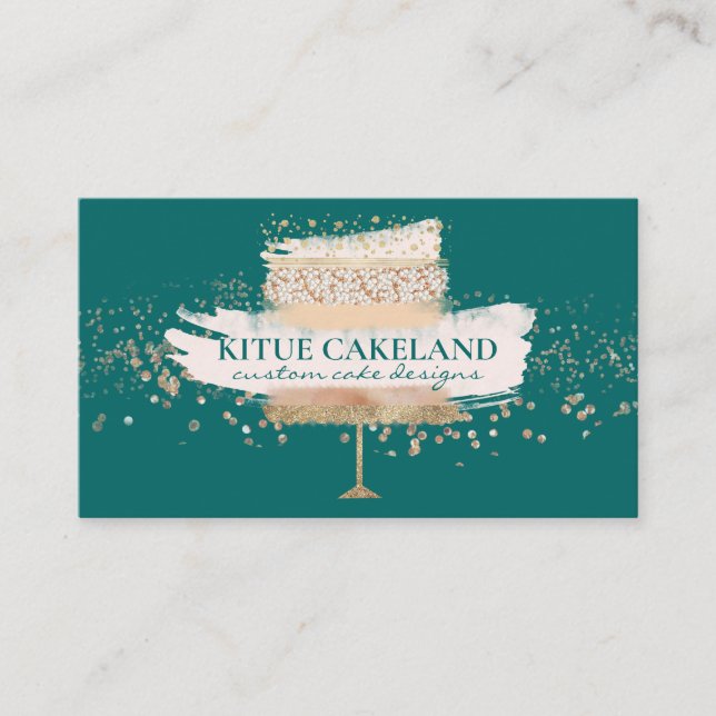 Pastry Chef Blush Pink Bakery Green Glitter Cake Business Card (Front)