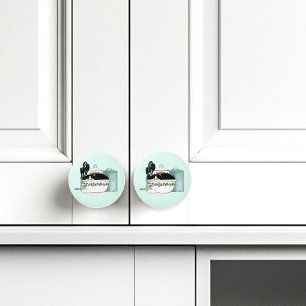 Pastry Chef Cat Blue Ceramic Knob