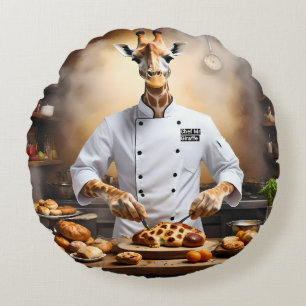 "Pastry Chef Giraffe: Reaching New Heights, Round Cushion