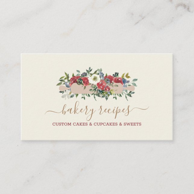 Pastry Chef Homemade Bakery Beige Red Flowers Business Card (Front)
