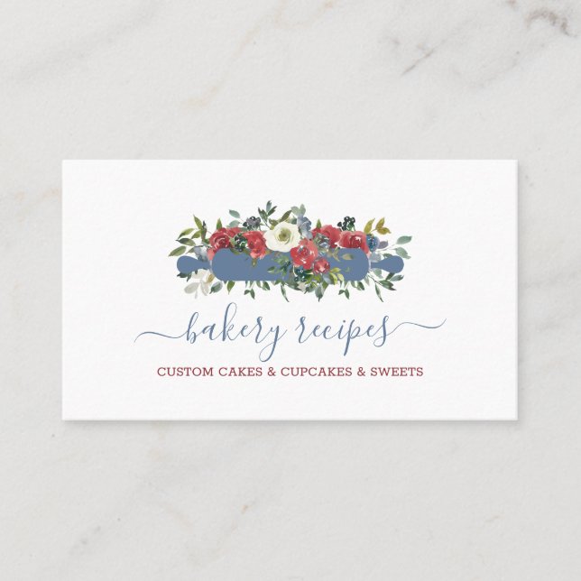 Pastry Chef Homemade Bakery Blue Red Flowers Business Card (Front)