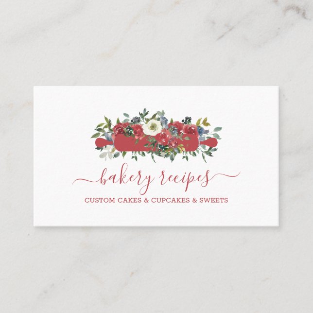 Pastry Chef Homemade Bakery Burgundy Flowers Business Card (Front)