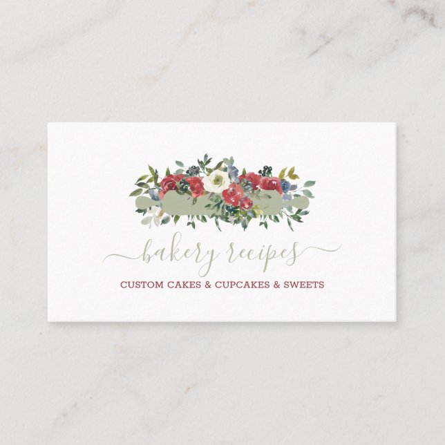 Pastry Chef Homemade Bakery Green Red Flowers Business Card (Front)
