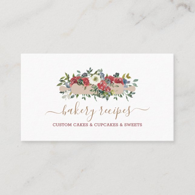 Pastry Chef Homemade Bakery Red Flowers Business Card (Front)