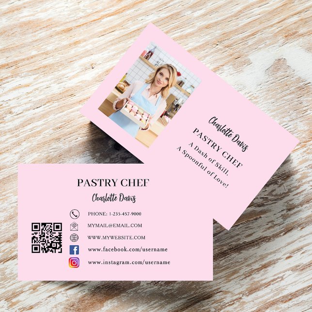 Pastry chef photo slogan QR code pink  Business Card (Creator Uploaded)