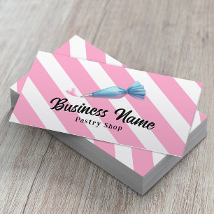 Pastry Chef Piping Bag & Heart Pink Stripes Bakery Business Card