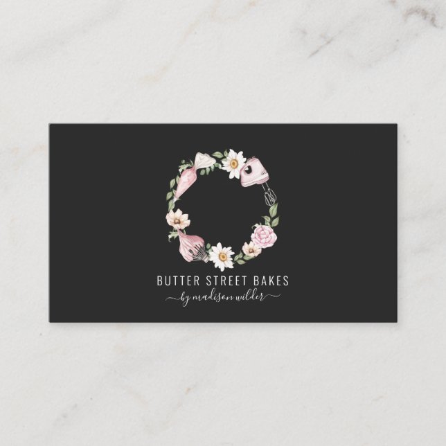 Pastry Chef Watercolor Baking Tools Pink Black Business Card (Front)
