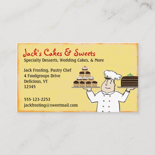 Pastry Chef with Cake and Cupcakes Fun Bakery Business Card (Front)