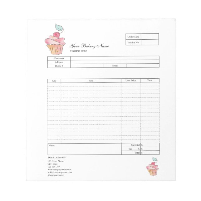 Pastry Cupcake Bakery Order Form Invoice  Notepad (Front)