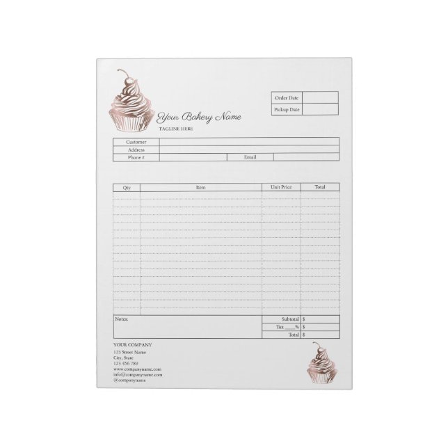 Pastry Cupcake Bakery Order Form Invoice  Notepad (Rotated)