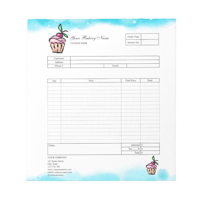 Pastry Cupcake Bakery Order Form Invoice  Notepad (Front)