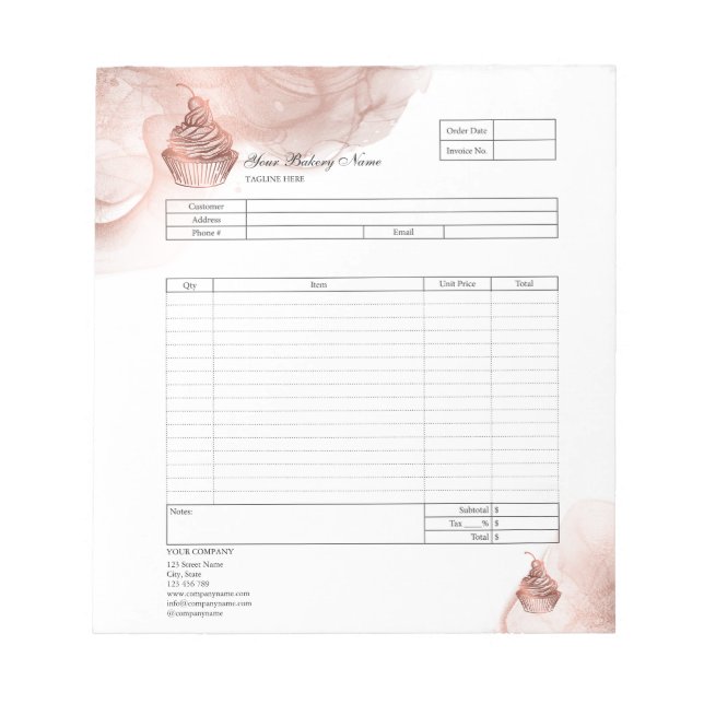 Pastry Cupcake Bakery Order Form Invoice  Notepad (Front)