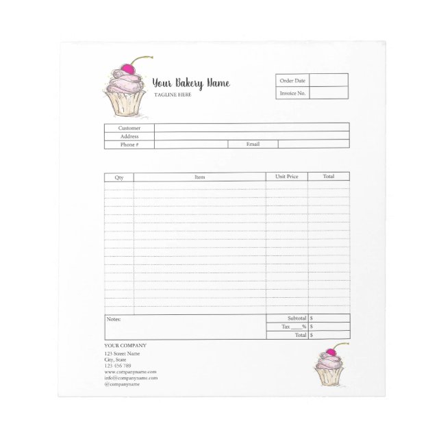 Pastry Cupcake Bakery Order Form Invoice  Notepad (Front)