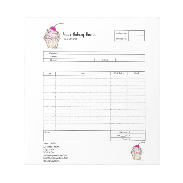 Pastry Cupcake Bakery Order Form Invoice  Notepad (Front)