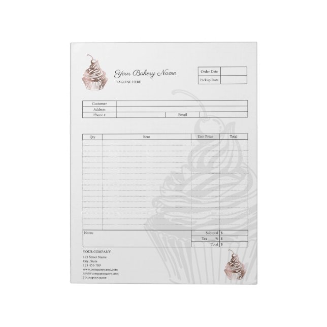 Pastry Cupcake Bakery Order Form Invoice  Notepad (Rotated)