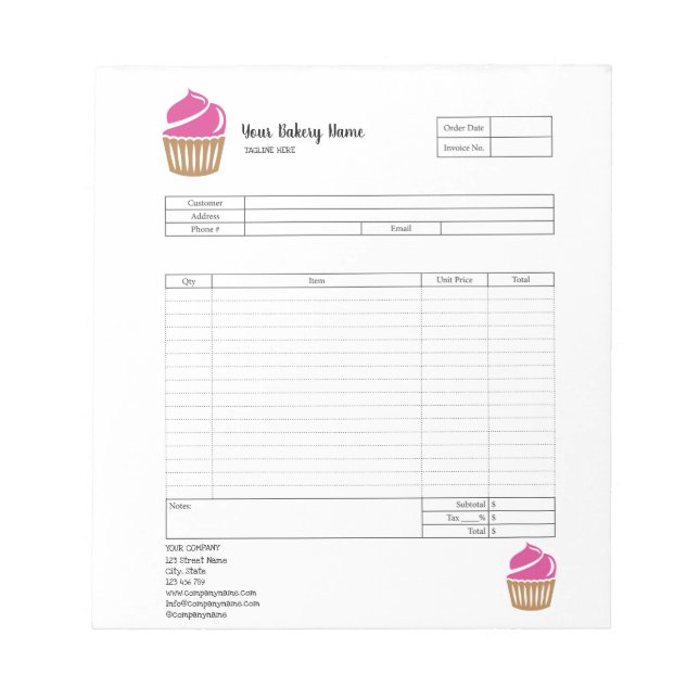 Pastry Cupcake Bakery Order Form Invoice  Notepad (Front)