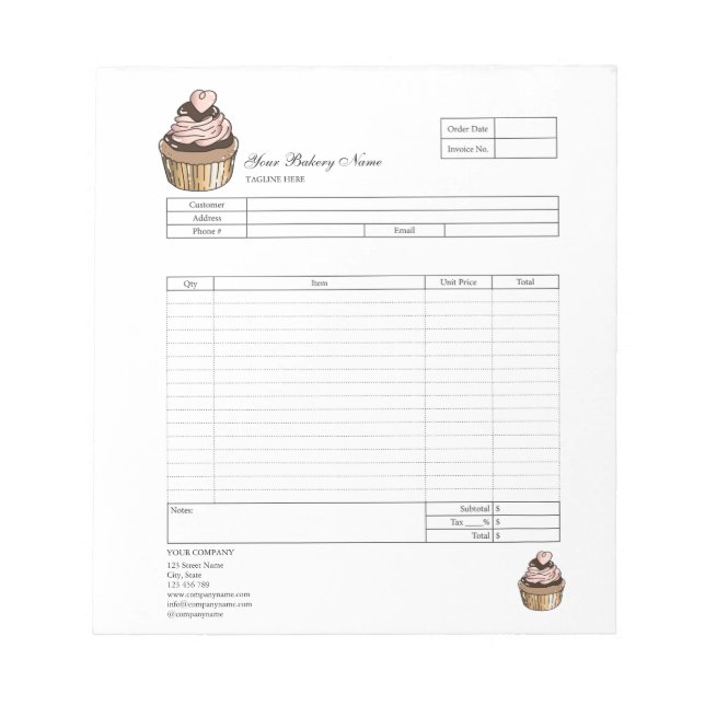Pastry Cupcake Bakery Order Form Invoice  Notepad (Front)