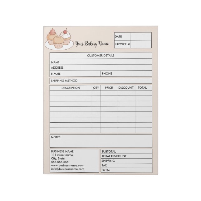 Pastry Cupcake Bakery Sales Form Receipt Invoice Notepad (Rotated)