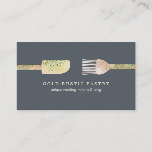 Pastry eucalyptus leaf spoon spatula navy rustic  business card (Front)