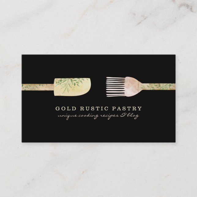Pastry eucalyptus leaf spoon spatula rustic black business card (Front)