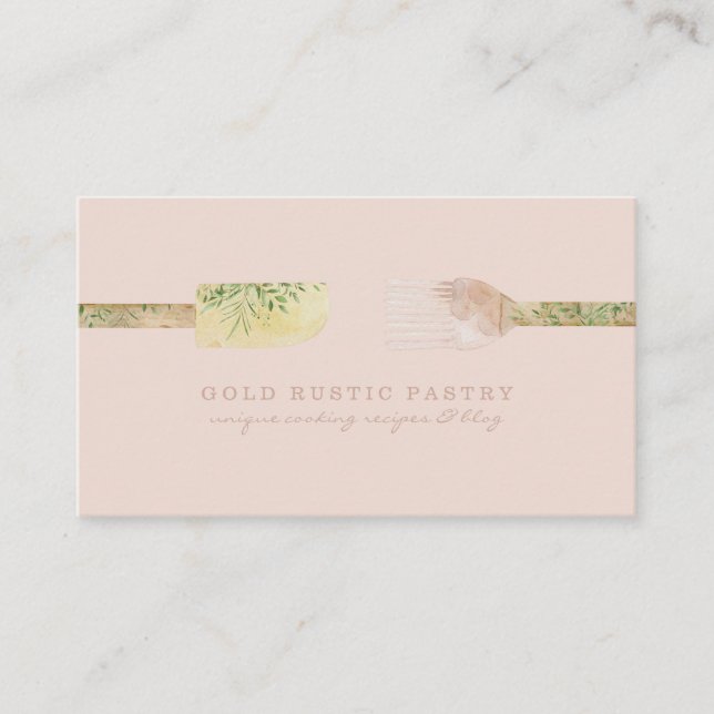 Pastry eucalyptus spoon spatula rustic blush pink business card (Front)