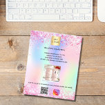Pastry shop bakery logo holographic qr code flyer<br><div class="desc">Personalize and add your business logo,  name,  address,  your text,  your own QR code to your instagram account. Blush pink,  purple,   mint green,  holographc bacground decorated with confetti and cupcakes.  
Back: add your  text,  photo,  qr code to your Instagram account.</div>