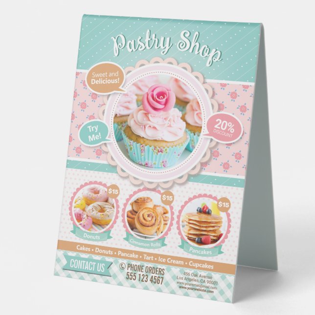Pastry Shop, Cake shop Menu Table Tent Sign (Front)