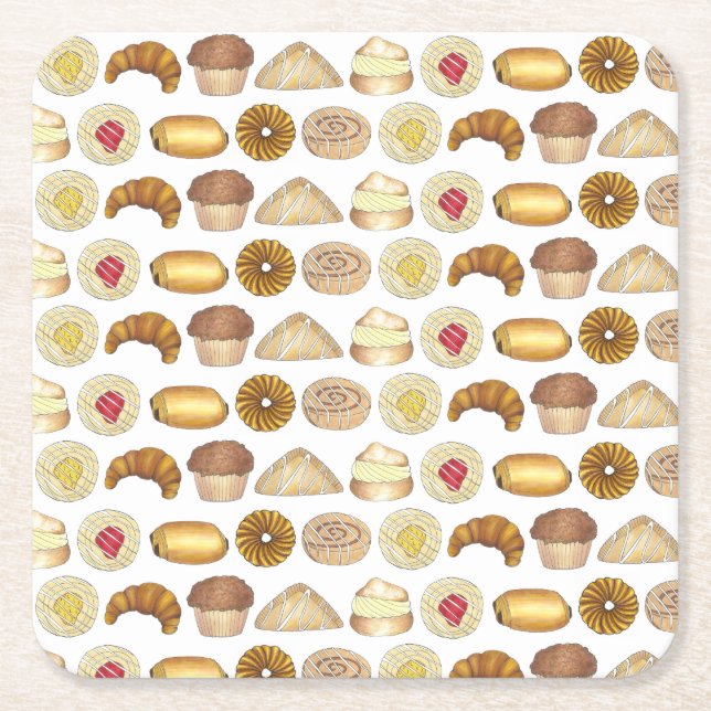 Pastry Tray Croissant Danish Muffin Baked Goods Square Paper Coaster (Front)