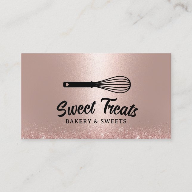 Pastry Whisk Logo Cupcake Bakery Rose Gold Cake Business Card (Front)