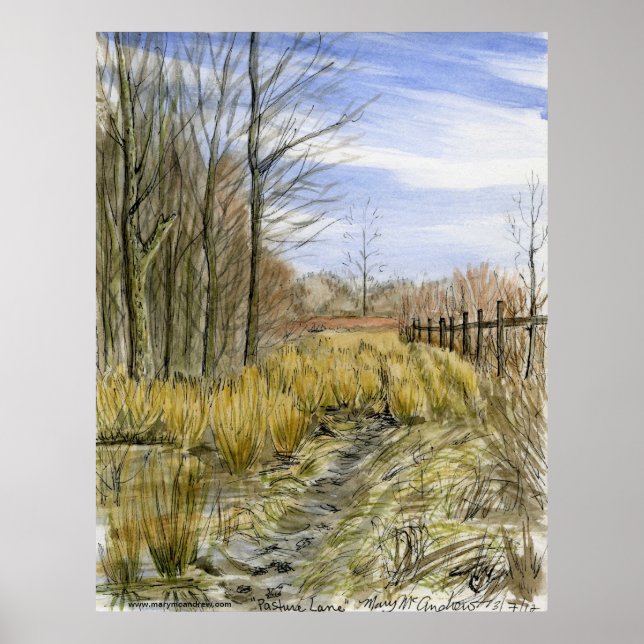 "Pasture Lane in Early March" watercolor landscape Poster (Front)
