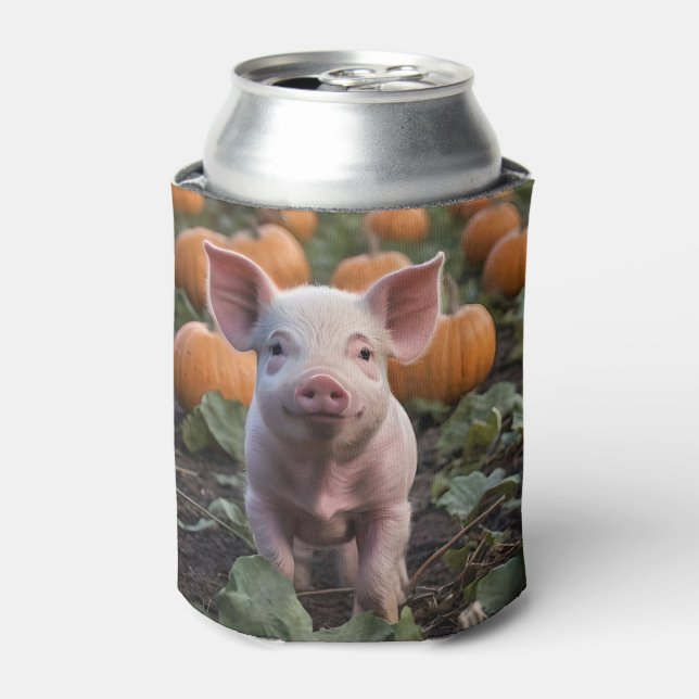 **"Patch of Joy: A Happy Baby Pig Among Pumpkins"* Can Cooler (Can Front)